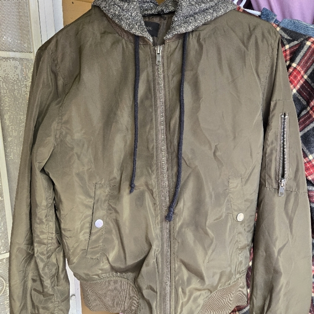 Gray Bomber Jacket with Hood and Water-Resistant Finish